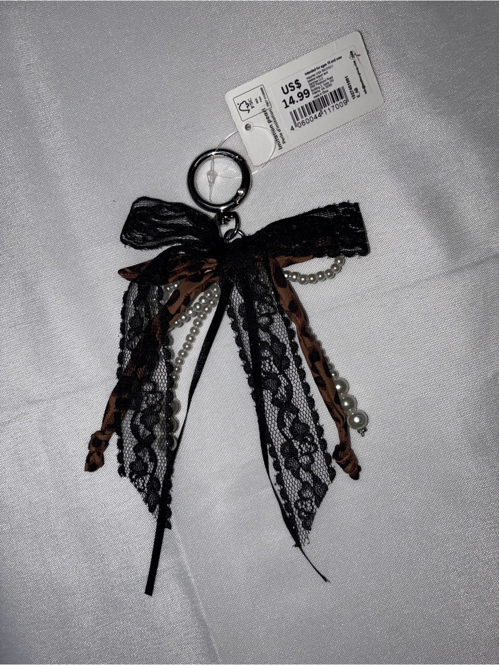 Charlotte Russe Black Lace & Brown Leopard Pearl Bow Keychain Bag Charm - Picture 2 of 3